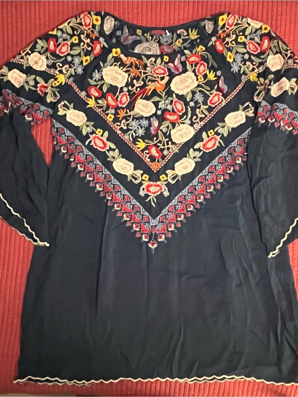 Johnny Was Navy Cupra Rayon Embroidered Bird Floral Peasant Blouse Top Size L